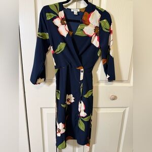 Monteau Navy Floral Long Sleeve Dress Faux Wrap Flattering Silhouette for All